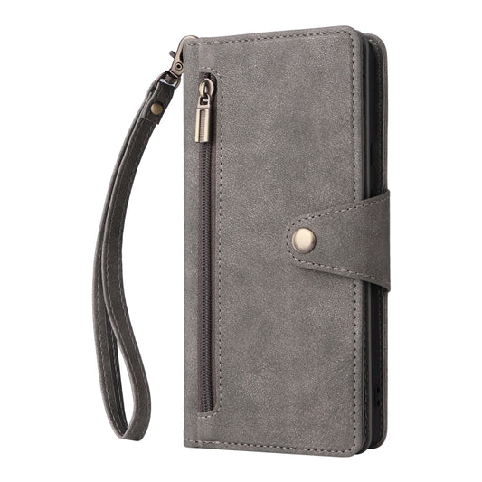 For Google Pixel 6 Pro Rivet Buckle 9 Cards Three Fold Leather Phone Case(Grey) by buy2fix