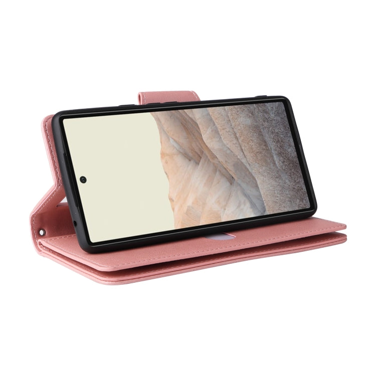 For Google Pixel 6 Pro Rivet Buckle 9 Cards Three Fold Leather Phone Case(Rose Gold) by buy2fix