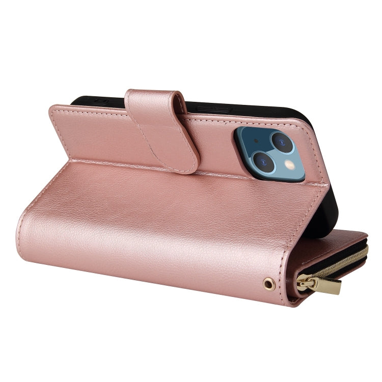 For iPhone 13 9 Card Slots Zipper Wallet Bag Leather Phone Case(Rose Gold) - iPhone 13 Cases by buy2fix | Online Shopping UK | buy2fix