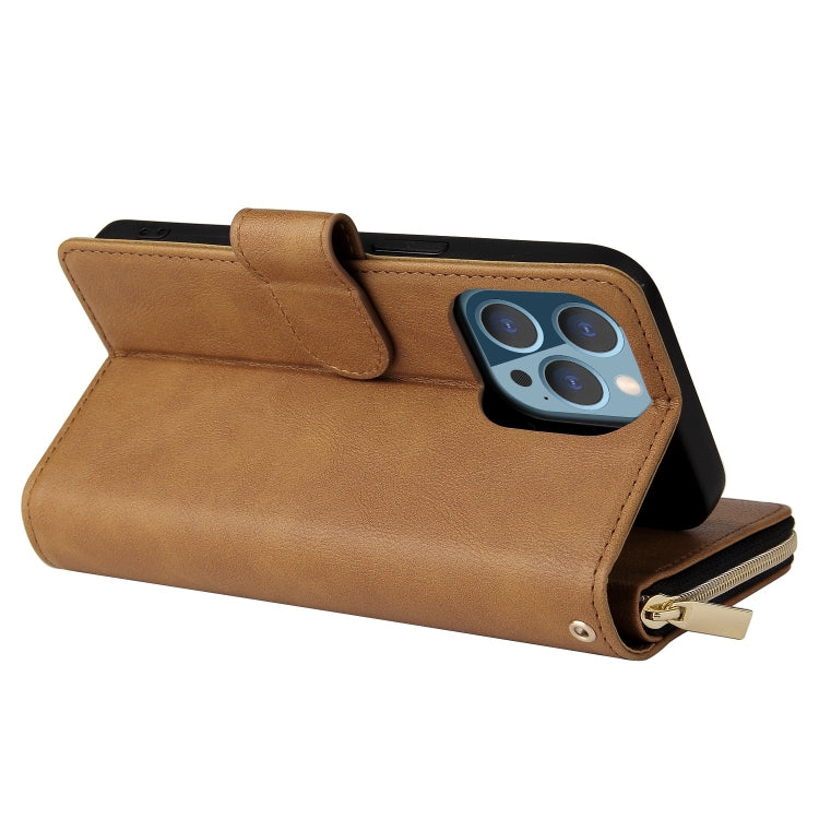 For iPhone 13 Pro 9 Card Slots Zipper Wallet Bag Leather Phone Case (Brown) - iPhone 13 Pro Cases by buy2fix | Online Shopping UK | buy2fix