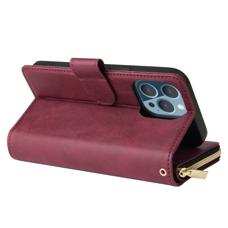 For iPhone 13 Pro 9 Card Slots Zipper Wallet Bag Leather Phone Case (Wine Red) - iPhone 13 Pro Cases by buy2fix | Online Shopping UK | buy2fix