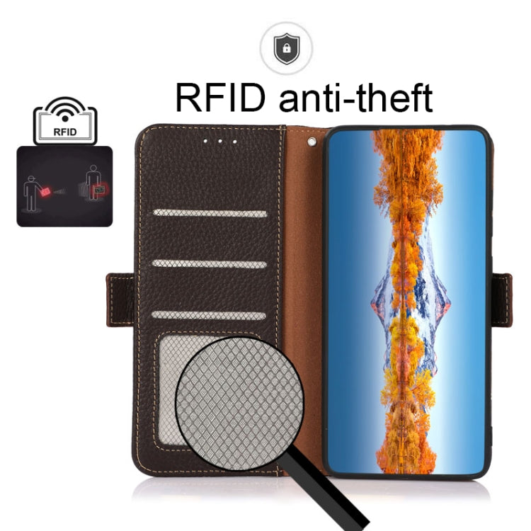 For iPhone 14 Pro Max KHAZNEH Side-Magnetic Litchi Genuine Leather RFID Phone Case (Brown) - iPhone 14 Pro Max Cases by buy2fix | Online Shopping UK | buy2fix