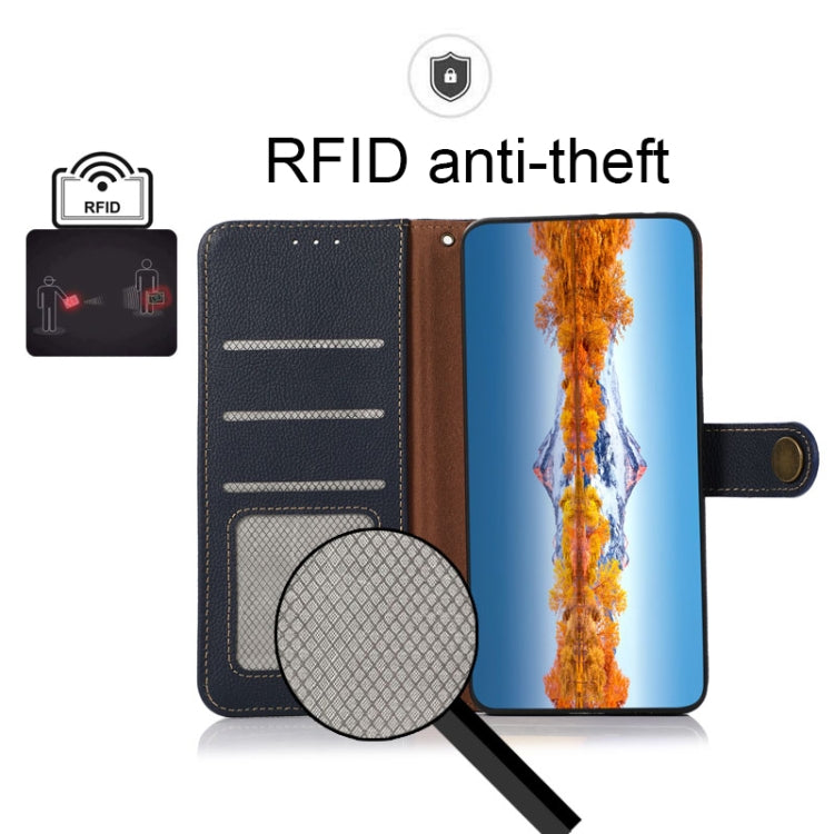 For iPhone 14 KHAZNEH Custer Genuine Leather RFID Phone Case (Blue) - iPhone 14 Cases by buy2fix | Online Shopping UK | buy2fix