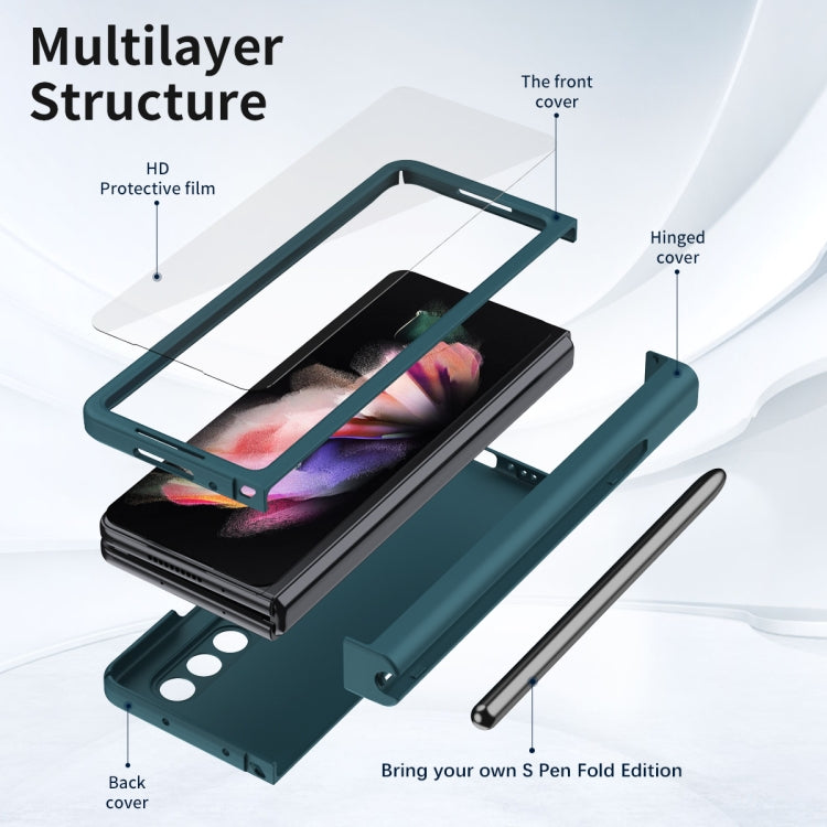 For Samsung Galaxy Z Fold3 5G Macaron Hinge Phone Case with Stylus Pen Fold Edition & Protective Film(Dark Green) - Galaxy Phone Cases by buy2fix | Online Shopping UK | buy2fix