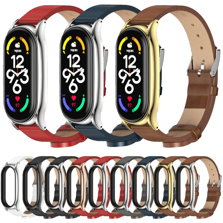 For Xiaomi Mi Band 7 / 7 NFC MIJOBS Plus Metal Case Microfiber Leather Watch Band(Brown Silver) by MIJOBS