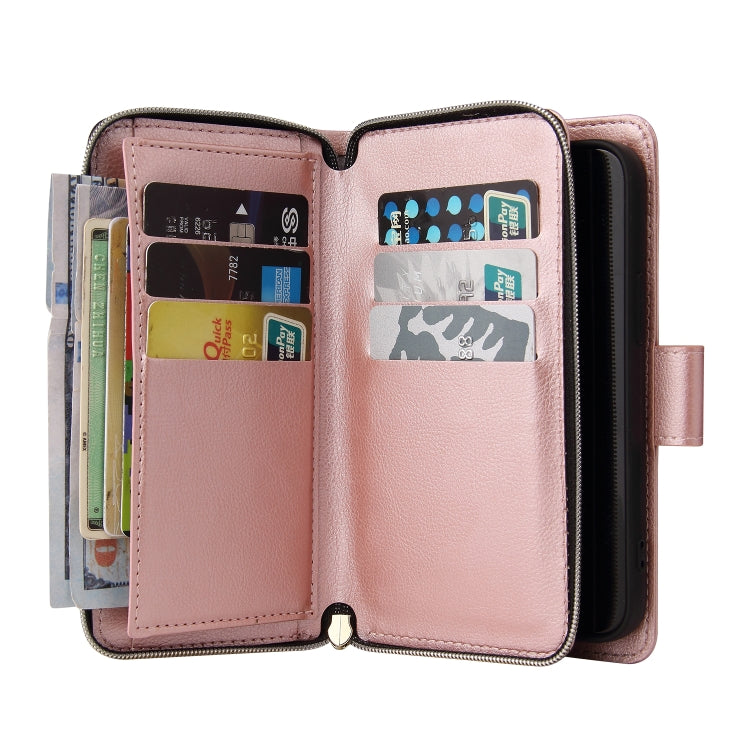 For iPhone 14 Plus 9 Card Slots Zipper Wallet Bag Leather Phone Case (Rose Gold) - iPhone 14 Plus Cases by buy2fix | Online Shopping UK | buy2fix