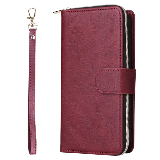 For iPhone 14 Pro 9 Card Slots Zipper Wallet Bag Leather Phone Case(Wine Red) - iPhone 14 Pro Cases by buy2fix | Online Shopping UK | buy2fix