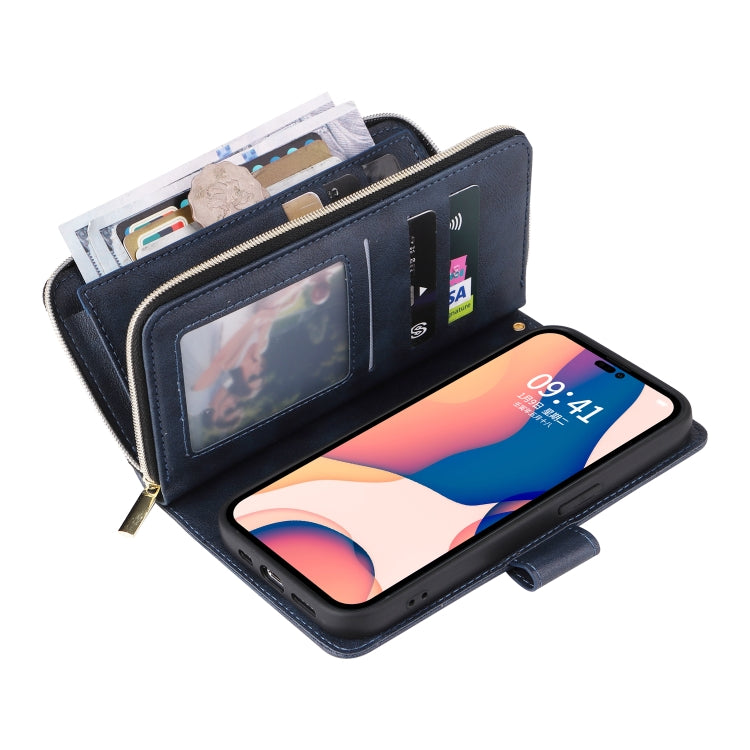 For iPhone 14 Pro Max 9 Card Slots Zipper Wallet Bag Leather Phone Case (Blue) - iPhone 14 Pro Max Cases by buy2fix | Online Shopping UK | buy2fix