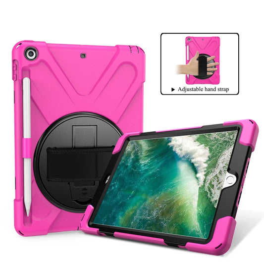 For iPad 9.7 (2018) & (2017) 360 Degree Rotation Silicone Protective Cover with Holder & Hand Strap & Long Strap & Pencil Slot(Rose Red) - iPad 9.7 (2018) & (2017) Cases by buy2fix | Online Shopping UK | buy2fix