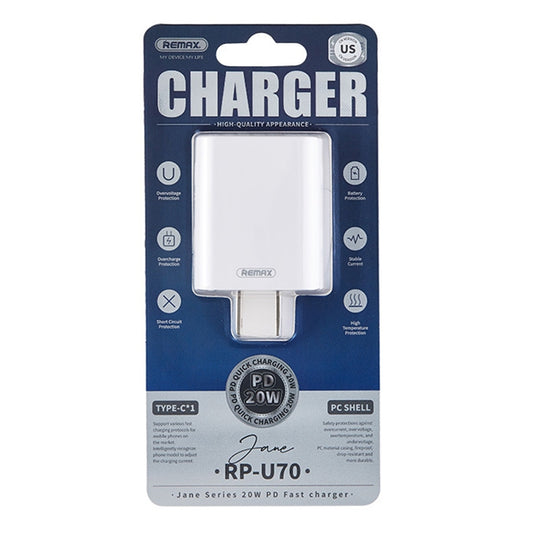 REMAX RP-U70 Jane Series 20W USB-C/Type-C PD Fast Charger, Specification:US Plug(White) by REMAX