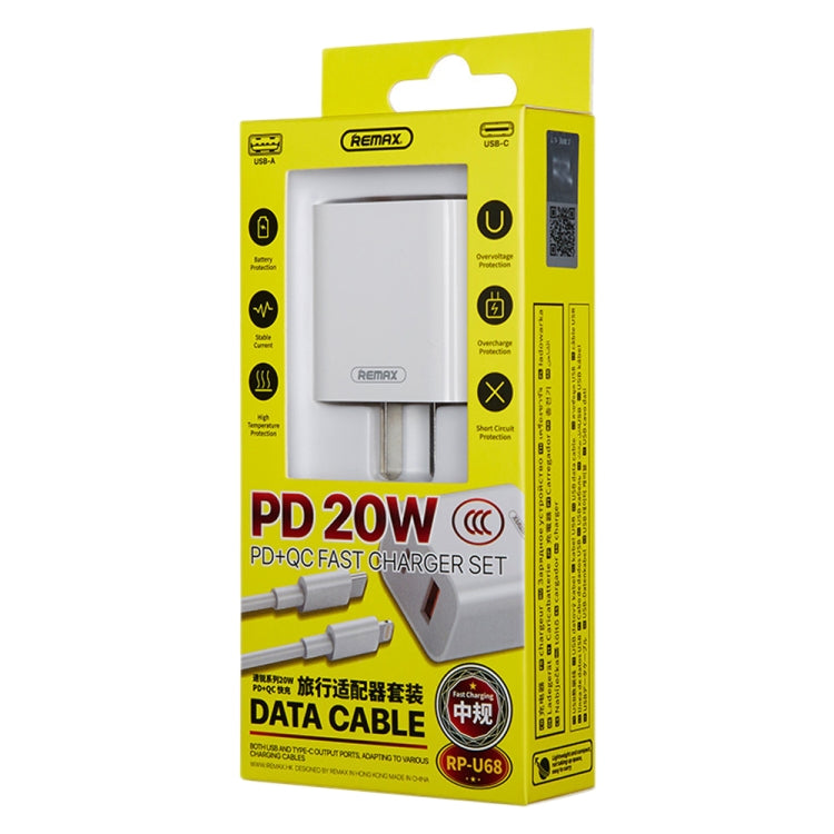 REMAX RP-U68 20W USB+USB-C/Type-C Dual Interface Fast Charger Set, Specification:EU Plug(White) by REMAX