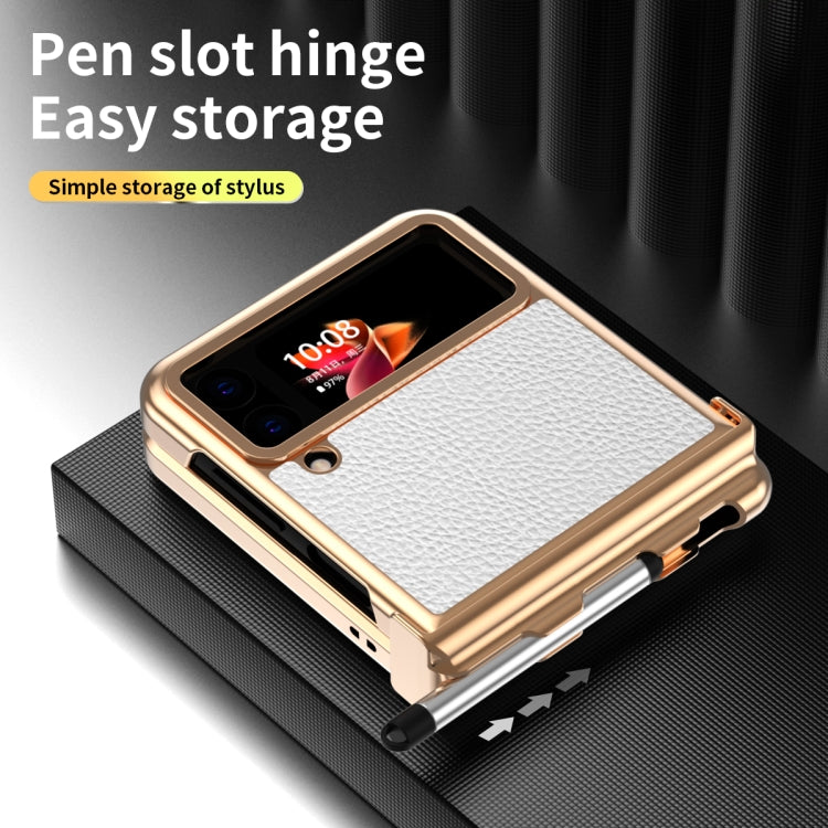 For Samsung Galaxy Z Flip3 5G Litchi Texture Leather Hinged Electroplated Phone Case with Pen(Gold White) - Galaxy Phone Cases by buy2fix | Online Shopping UK | buy2fix
