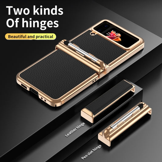 For Samsung Galaxy Z Flip3 5G Litchi Texture Leather Hinged Electroplated Phone Case with Pen(Black Gold) - Galaxy Phone Cases by buy2fix | Online Shopping UK | buy2fix