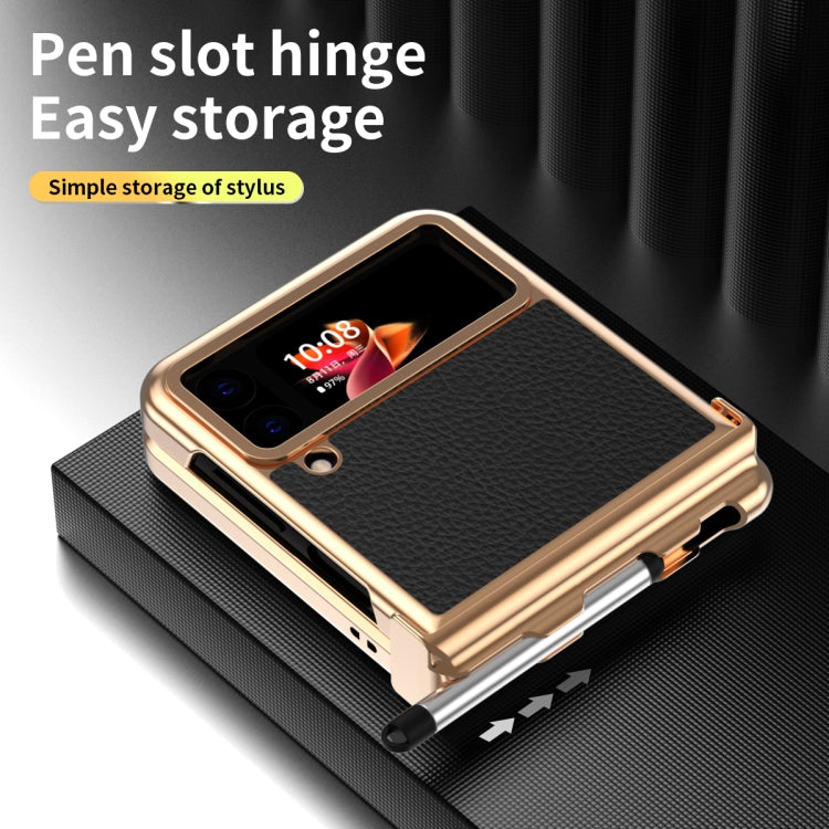 For Samsung Galaxy Z Flip3 5G Litchi Texture Leather Hinged Electroplated Phone Case with Pen(Black Gold) - Galaxy Phone Cases by buy2fix | Online Shopping UK | buy2fix