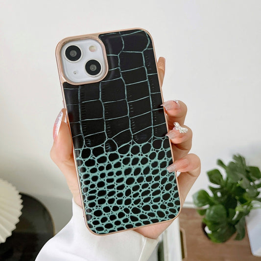 For iPhone 14 Crocodile Texture Genuine Leather Nano Electroplating Phone Case (Dark Green) - iPhone 14 Cases by buy2fix | Online Shopping UK | buy2fix