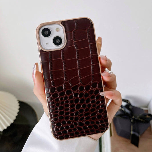 For iPhone 14 Crocodile Texture Genuine Leather Nano Electroplating Phone Case (Coffee) - iPhone 14 Cases by buy2fix | Online Shopping UK | buy2fix
