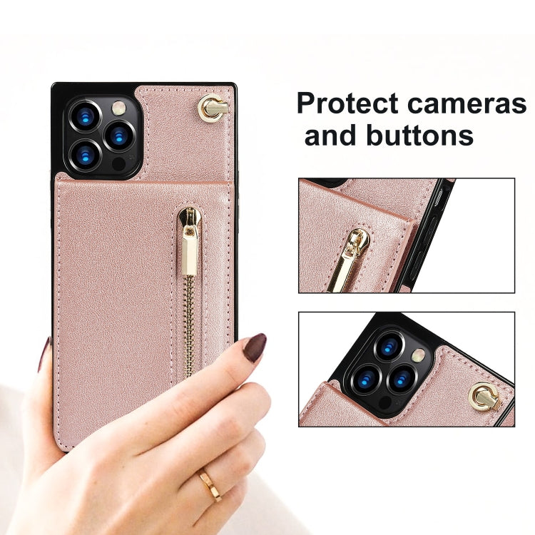 For iPhone 14 Pro Max Cross-body Zipper Square Phone Case with Holder (Rose Gold) - iPhone 14 Pro Max Cases by buy2fix | Online Shopping UK | buy2fix