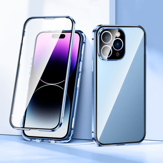 For iPhone 14 Pro Max Magnetic Double-buckle HD Tempered Glass Phone Case (Blue) - iPhone 14 Pro Max Cases by buy2fix | Online Shopping UK | buy2fix