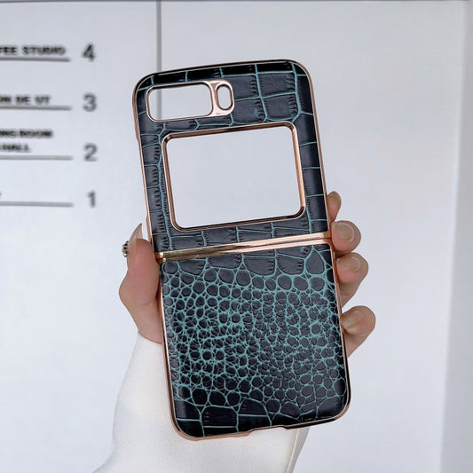 For Motorola Moto Razr 2022 Crocodile Texture Genuine Leather Nano Electroplating Phone Case(Dark Green) by buy2fix