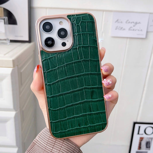 For iPhone 14 Pro Nano Electroplating Crocodile Texture Genuine Leather Phone Case(Green) - iPhone 14 Pro Cases by buy2fix | Online Shopping UK | buy2fix