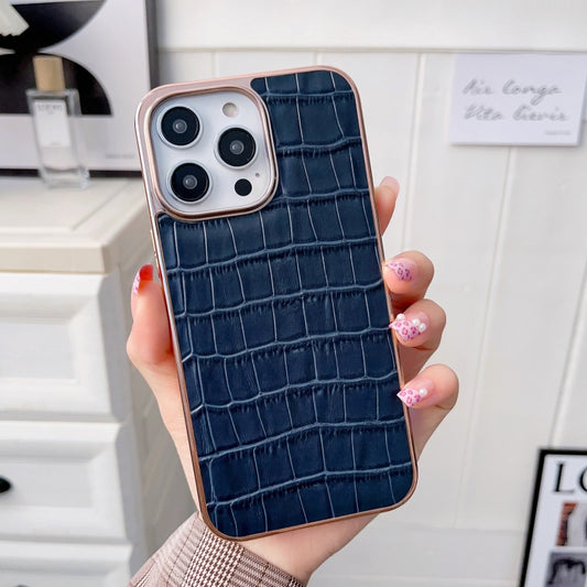 For iPhone 14 Nano Electroplating Crocodile Texture Genuine Leather Phone Case(Blue) - iPhone 14 Cases by buy2fix | Online Shopping UK | buy2fix