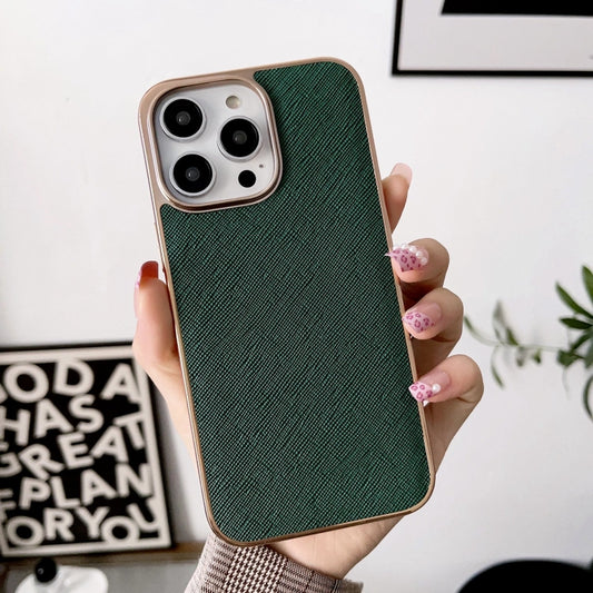 For iPhone 14 Pro Nano Electroplating Cross Texture Genuine Leather Phone Case(Green) - iPhone 14 Pro Cases by buy2fix | Online Shopping UK | buy2fix