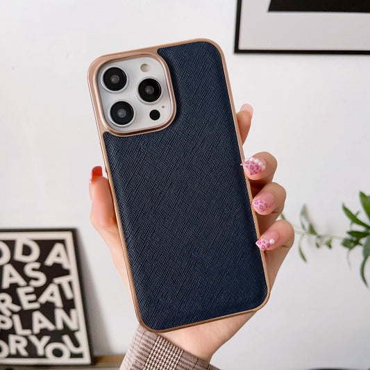 For iPhone 14 Nano Electroplating Cross Texture Genuine Leather Phone Case(Blue) - iPhone 14 Cases by buy2fix | Online Shopping UK | buy2fix