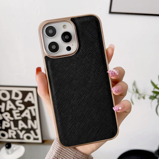 For iPhone 14 Nano Electroplating Cross Texture Genuine Leather Phone Case(Black) - iPhone 14 Cases by buy2fix | Online Shopping UK | buy2fix