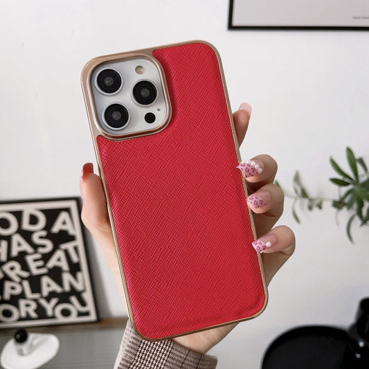 For iPhone 14 Nano Electroplating Cross Texture Genuine Leather Phone Case(Red) - iPhone 14 Cases by buy2fix | Online Shopping UK | buy2fix