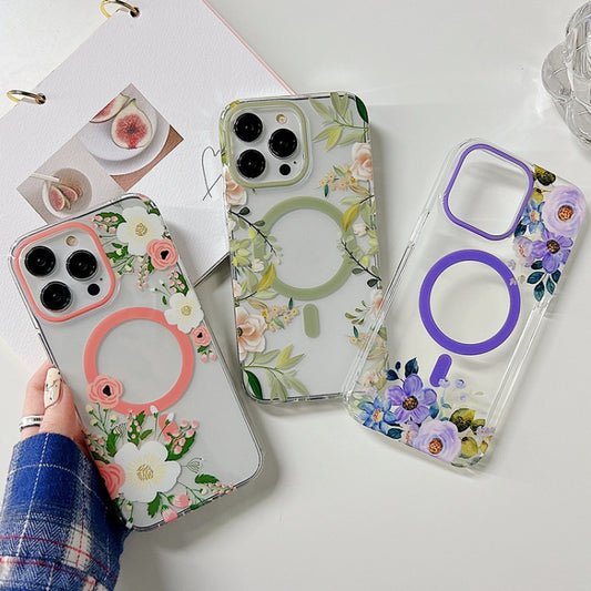 For iPhone 14 Plus Flowers Dual-side Laminating Magsafe Phone Case(Purple) by buy2fix