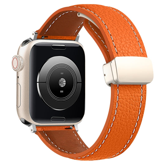 Folding Buckle Genuine Leather Watch Band for Apple Watch Series 8&7 41mm / SE 2&6&SE&5&4 40mm / 3&2&1 38mm(Orange) by buy2fix
