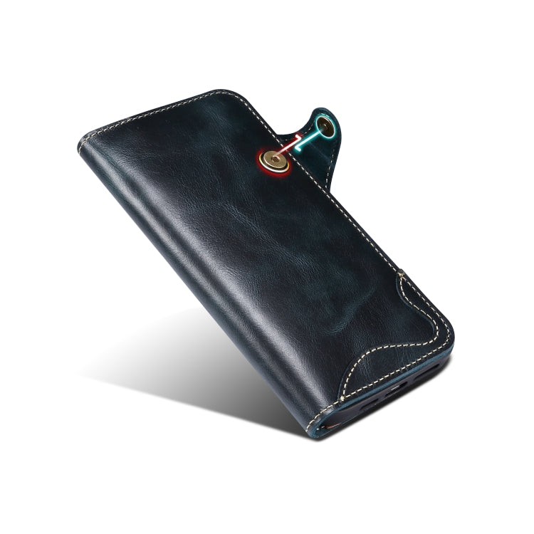 For iPhone 14 Pro Denior Oil Wax Cowhide Magnetic Button Genuine Leather Case(Dark Blue) - iPhone 14 Pro Cases by Denior | Online Shopping UK | buy2fix