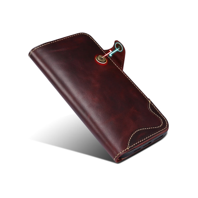 For iPhone 14 Pro Denior Oil Wax Cowhide Magnetic Button Genuine Leather Case(Dark Red) - iPhone 14 Pro Cases by Denior | Online Shopping UK | buy2fix