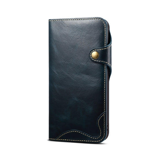 For iPhone 14 Denior Oil Wax Cowhide Magnetic Button Genuine Leather Case(Dark Blue) - iPhone 14 Cases by Denior | Online Shopping UK | buy2fix