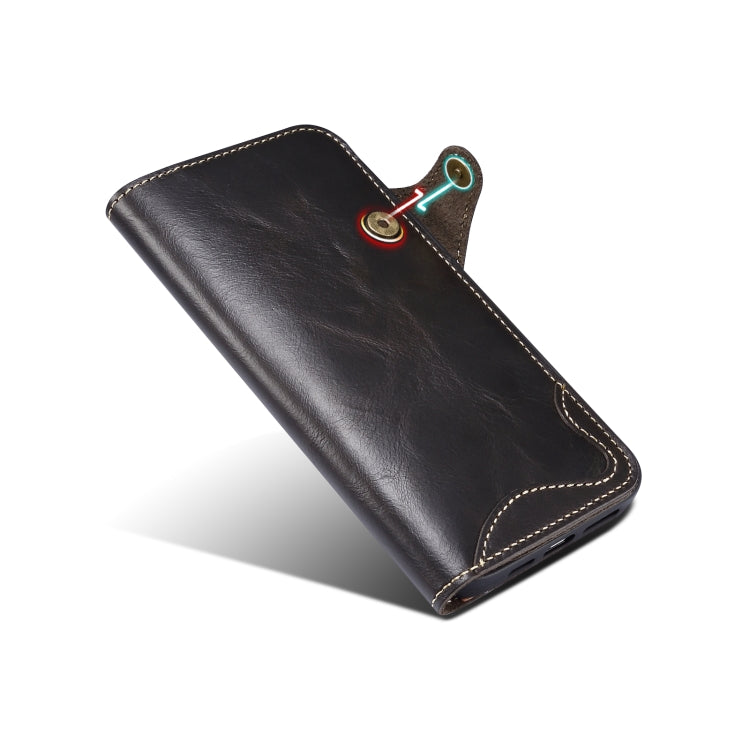 For iPhone 13 Pro Denior Oil Wax Cowhide Magnetic Button Genuine Leather Case(Black) - iPhone 13 Pro Cases by Denior | Online Shopping UK | buy2fix