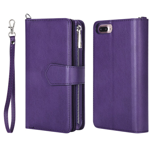 For iPhone 7 Plus / 8 Plus 2 in 1 Solid Color Zipper Shockproof Protective Case with Card Slots & Bracket & Photo Holder & Wallet Function(Purple) - More iPhone Cases by buy2fix | Online Shopping UK | buy2fix