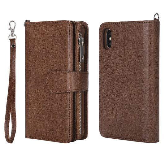 For iPhone X / XS 2 in 1 Solid Color Zipper Shockproof Protective Case with Card Slots & Bracket & Photo Holder & Wallet Function(Brown) - More iPhone Cases by buy2fix | Online Shopping UK | buy2fix
