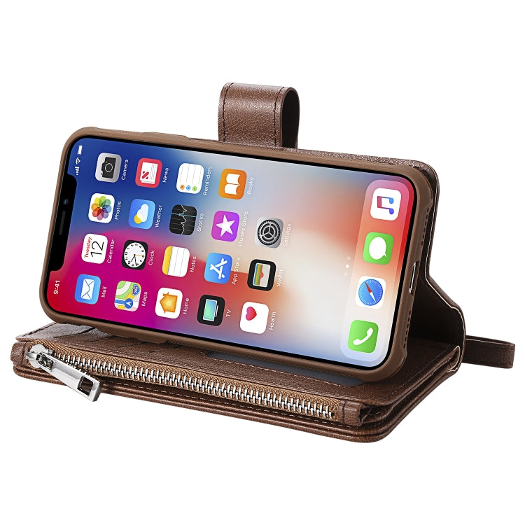 For iPhone X / XS 2 in 1 Solid Color Zipper Shockproof Protective Case with Card Slots & Bracket & Photo Holder & Wallet Function(Brown) - More iPhone Cases by buy2fix | Online Shopping UK | buy2fix