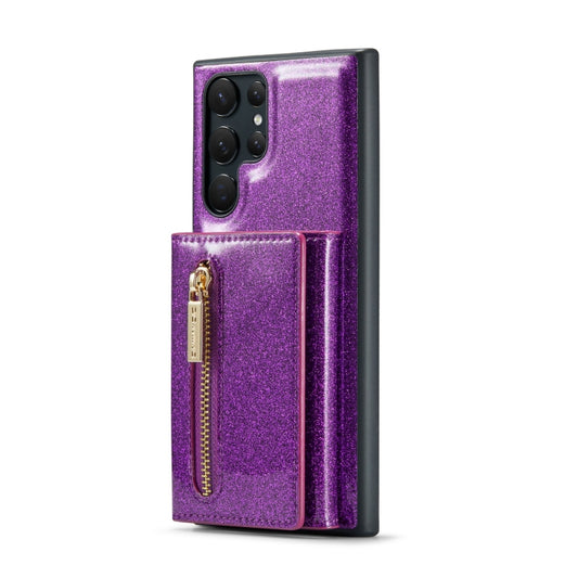 For Samsung Galaxy S22 Ultra 5G DG.MING M3 Series Glitter Powder Card Bag Leather Case(Dark Purple) by DG.MING