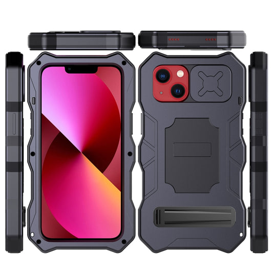 For iPhone 14 Plus Life Waterproof Camshield Tri-poof Metal Phone Case with Holder(Black) - iPhone 14 Plus Cases by buy2fix | Online Shopping UK | buy2fix
