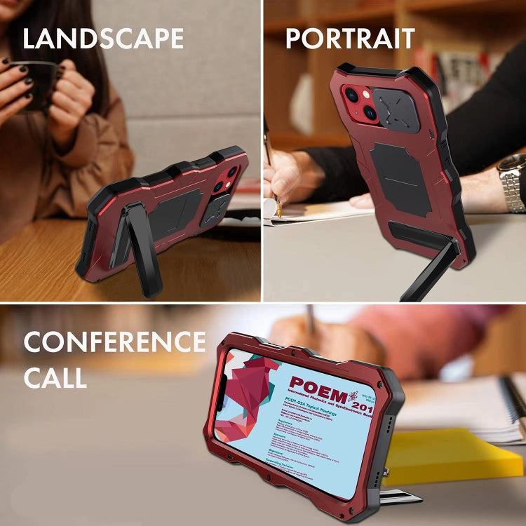 For iPhone 14 Plus Life Waterproof Camshield Tri-poof Metal Phone Case with Holder(Red) - iPhone 14 Plus Cases by buy2fix | Online Shopping UK | buy2fix