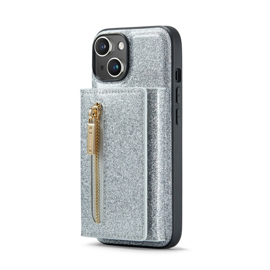 For iPhone 14 Plus DG.MING M3 Series Glitter Powder Card Bag Leather Case(Silver) by DG.MING