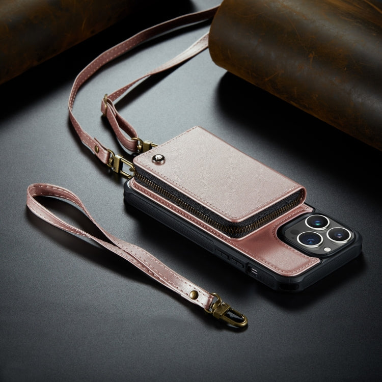 For iPhone 14 Pro JEEHOOD C22 Series Zipper Wallet Phone Case with Long and Short Lanyard(Rose Gold) - iPhone 14 Pro Cases by JEEHOOD | Online Shopping UK | buy2fix