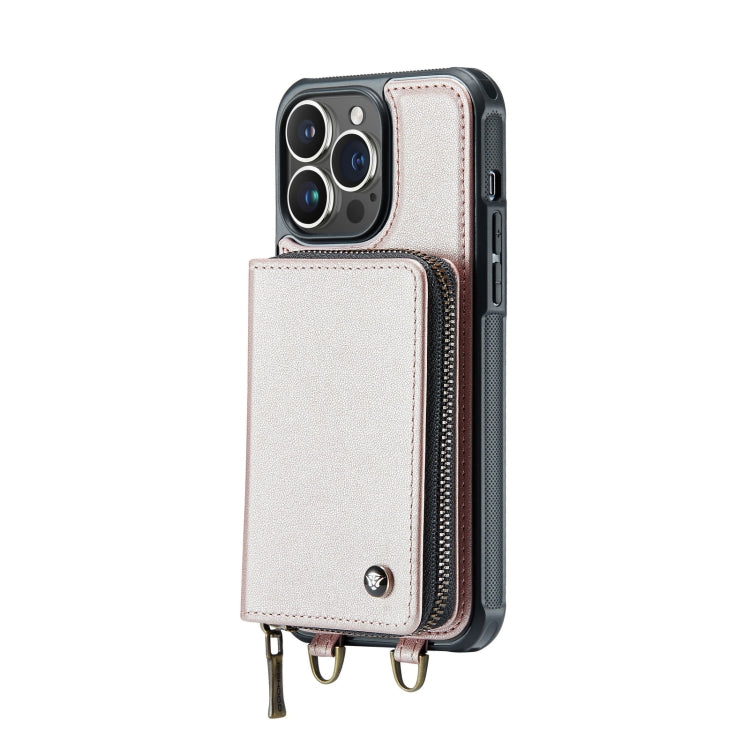 For iPhone 14 Pro JEEHOOD C22 Series Zipper Wallet Phone Case with Long and Short Lanyard(Rose Gold) - iPhone 14 Pro Cases by JEEHOOD | Online Shopping UK | buy2fix