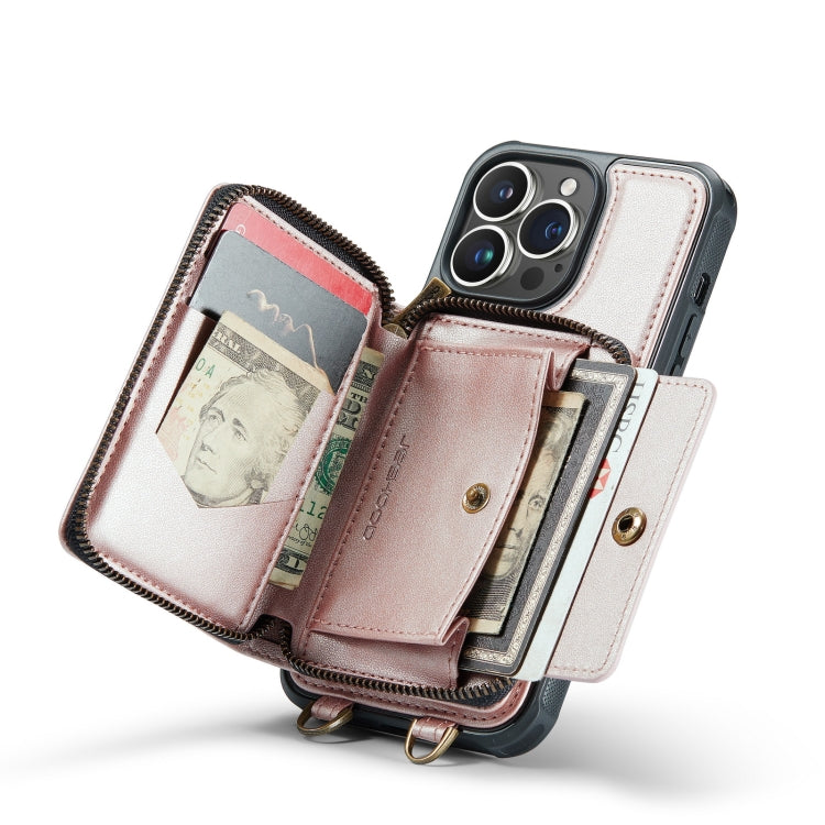 For iPhone 14 Pro JEEHOOD C22 Series Zipper Wallet Phone Case with Long and Short Lanyard(Rose Gold) - iPhone 14 Pro Cases by JEEHOOD | Online Shopping UK | buy2fix