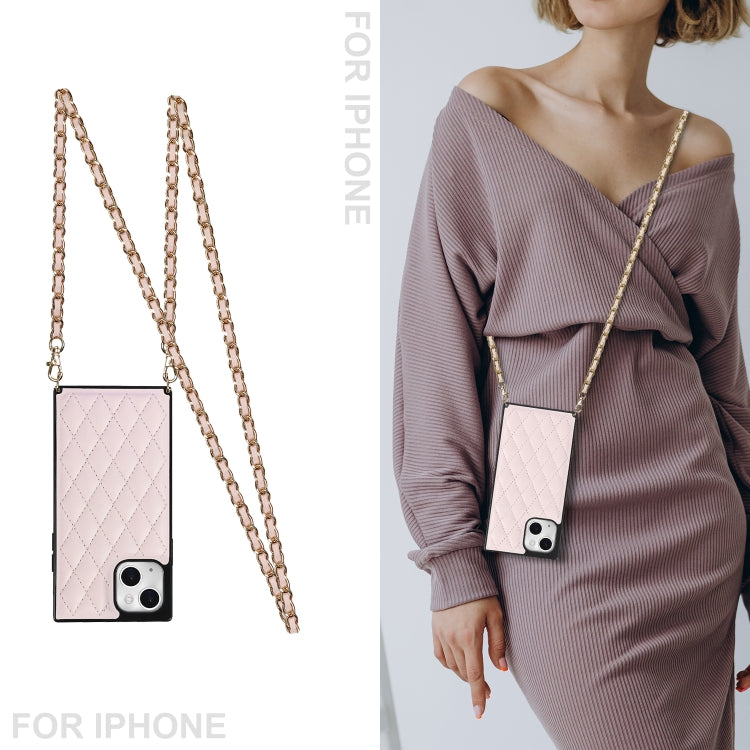 For iPhone 14 Plus Crossbody Rhombic Microfiber Leather Phone Case(Pink) - iPhone 14 Plus Cases by buy2fix | Online Shopping UK | buy2fix