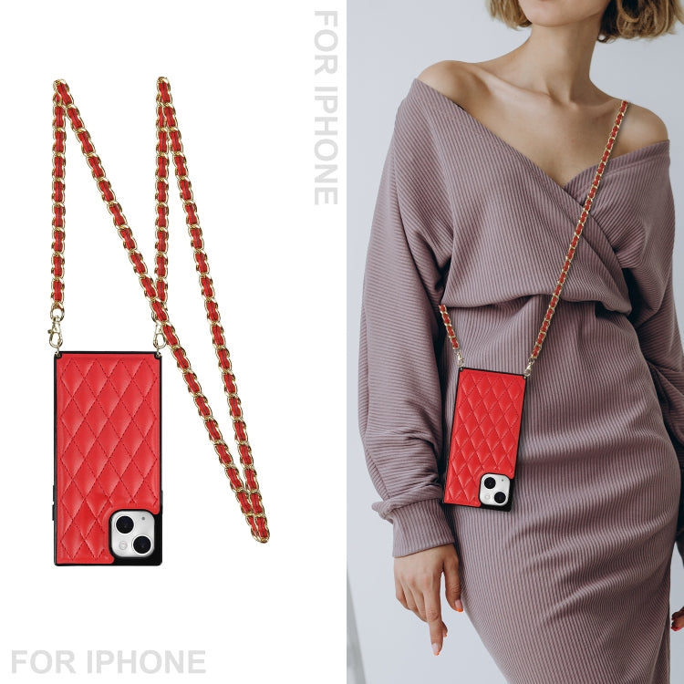 For iPhone 14 Plus Crossbody Rhombic Microfiber Leather Phone Case(Red) - iPhone 14 Plus Cases by buy2fix | Online Shopping UK | buy2fix
