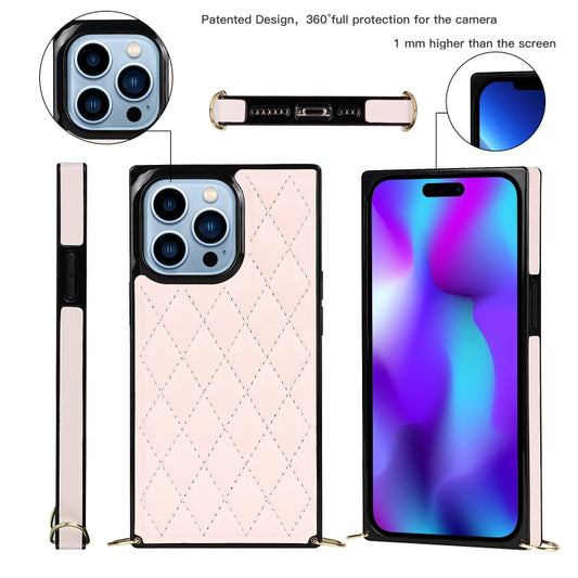 For iPhone 14 Pro Max Crossbody Rhombic Microfiber Leather Phone Case(Pink) - iPhone 14 Pro Max Cases by buy2fix | Online Shopping UK | buy2fix