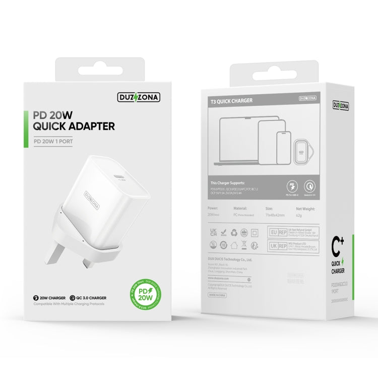 DUZZONA T3 PD 20W USB-C/Type-C Single Port Travel Charger, UK Plug(White) by DUZZONA