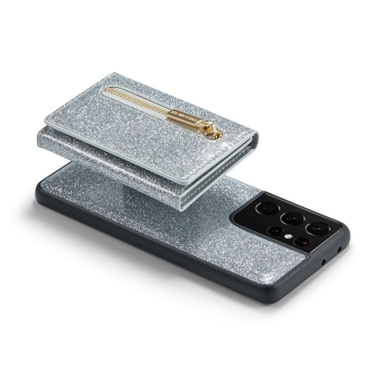 For Samsung Galaxy S21 Ultra 5G DG.MING M3 Series Glitter Powder Card Bag Leather Case(Silver) by DG.MING